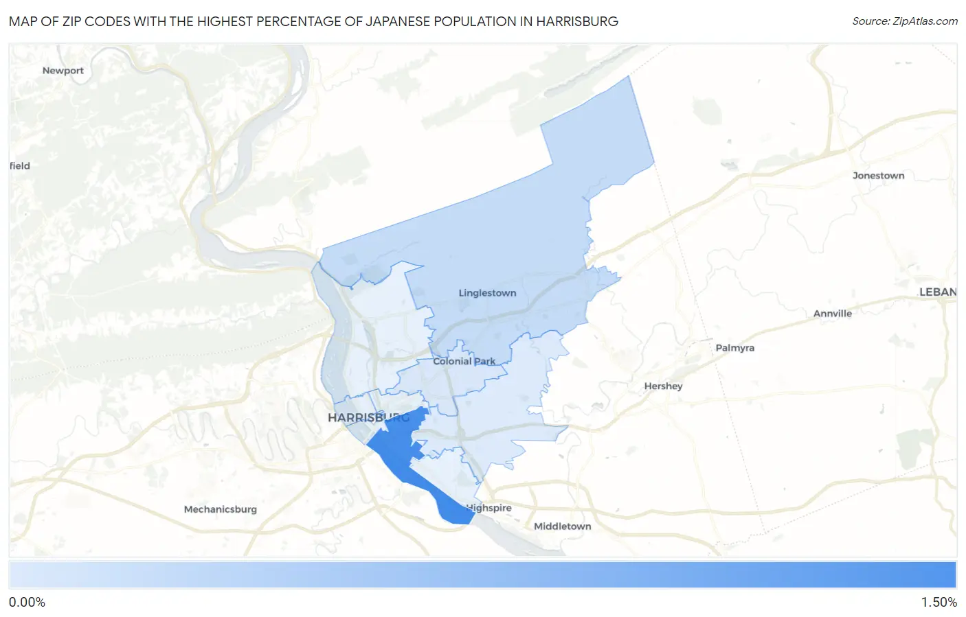 Zip Codes with the Highest Percentage of Japanese Population in Harrisburg Map