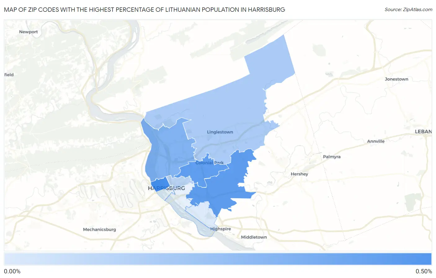 Zip Codes with the Highest Percentage of Lithuanian Population in Harrisburg Map