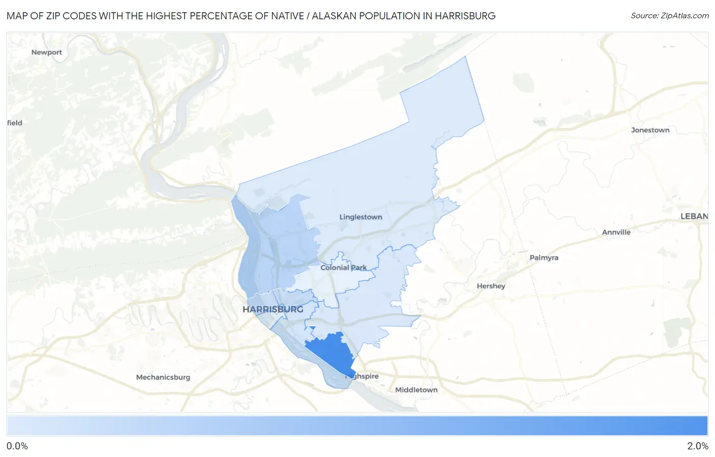 Zip Codes with the Highest Percentage of Native / Alaskan Population in Harrisburg Map