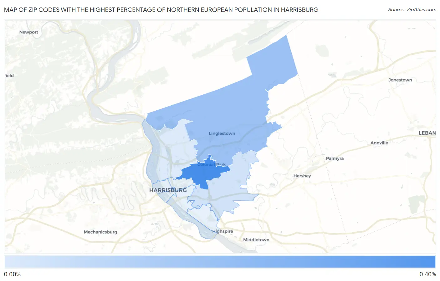 Zip Codes with the Highest Percentage of Northern European Population in Harrisburg Map
