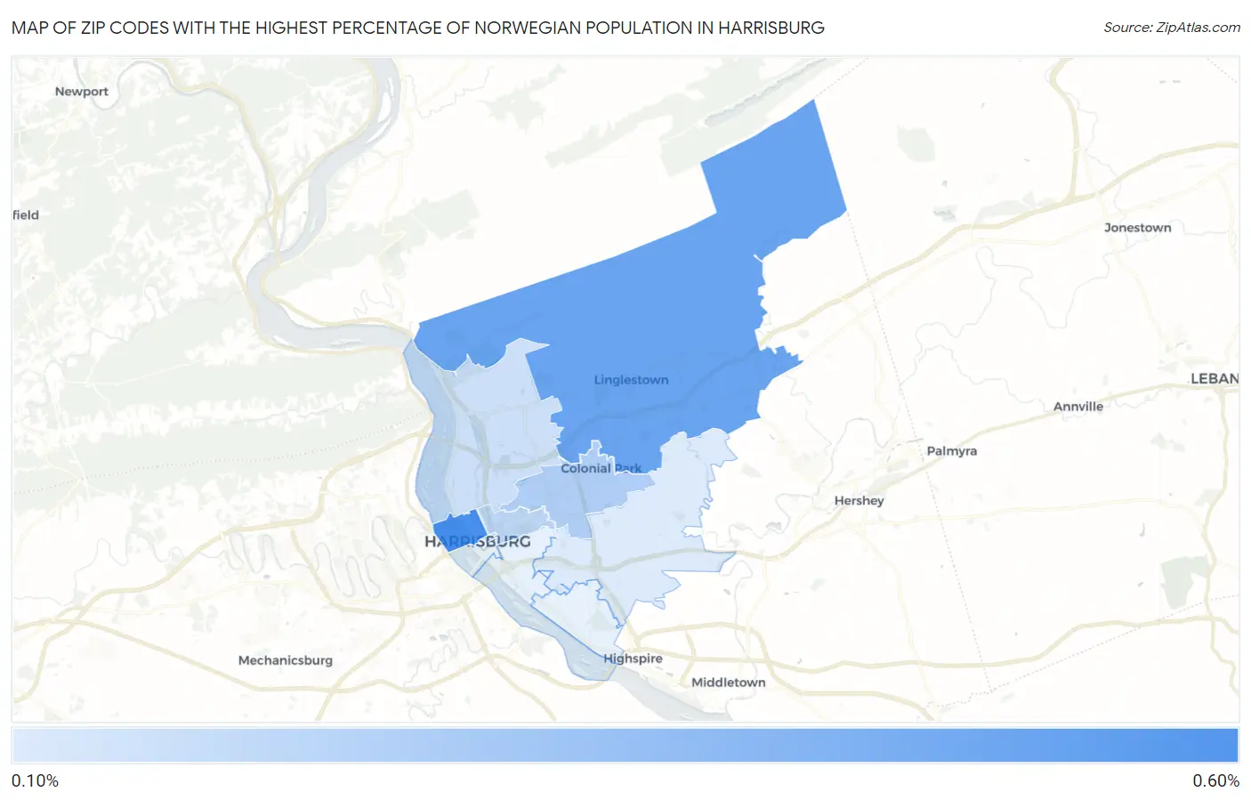Zip Codes with the Highest Percentage of Norwegian Population in Harrisburg Map