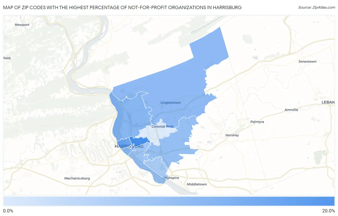 Zip Codes with the Highest Percentage of Not-for-profit Organizations in Harrisburg Map
