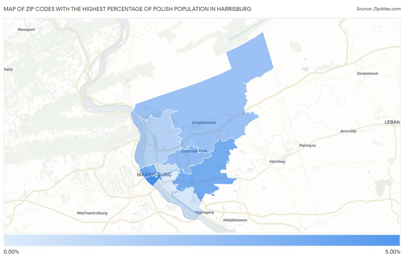 Zip Codes with the Highest Percentage of Polish Population in Harrisburg Map