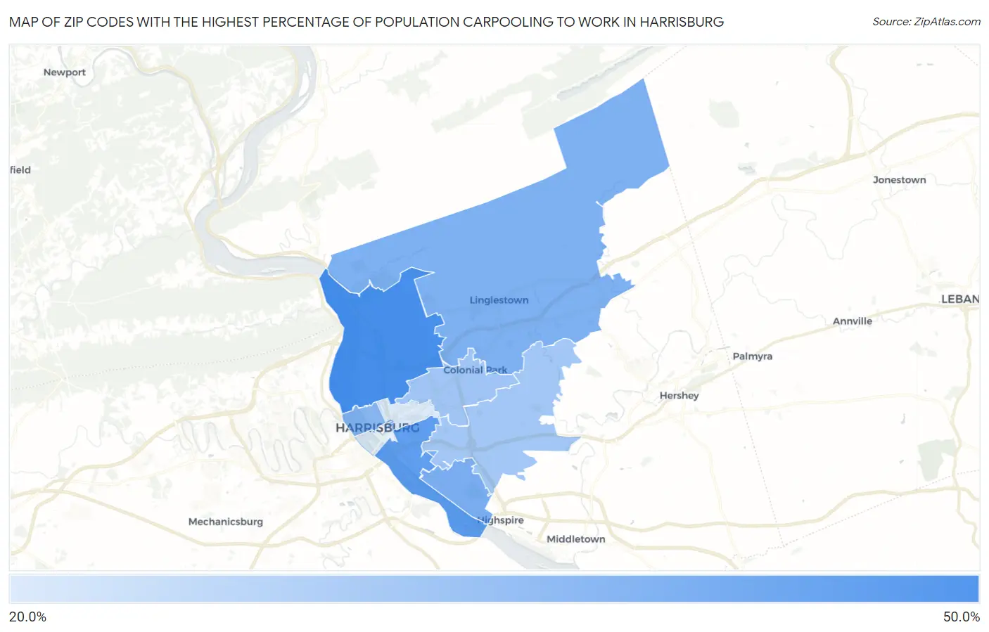 Zip Codes with the Highest Percentage of Population Carpooling to Work in Harrisburg Map