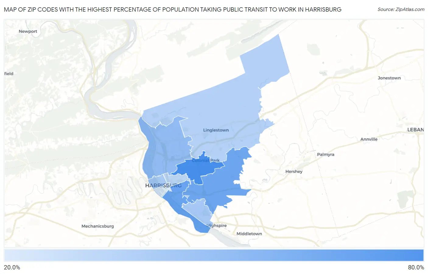 Zip Codes with the Highest Percentage of Population Taking Public Transit to Work in Harrisburg Map