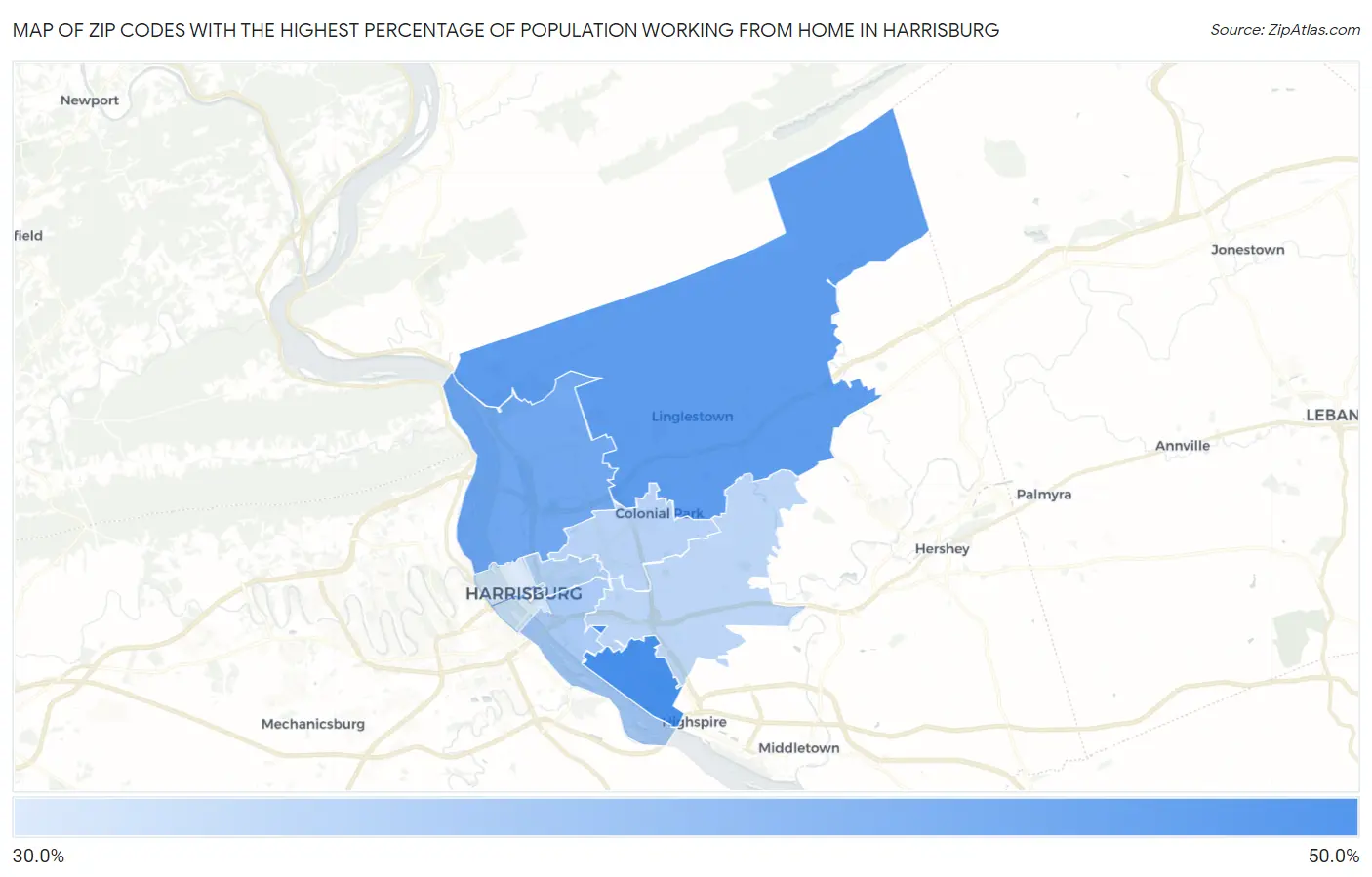 Zip Codes with the Highest Percentage of Population Working from Home in Harrisburg Map