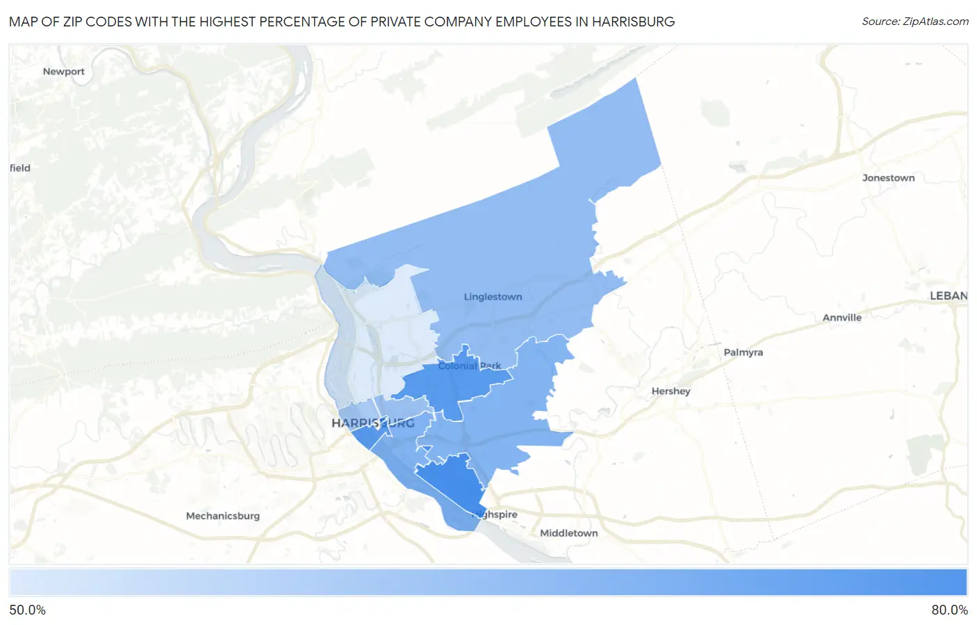 Zip Codes with the Highest Percentage of Private Company Employees in Harrisburg Map