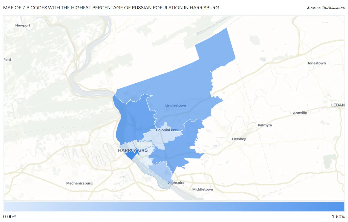 Zip Codes with the Highest Percentage of Russian Population in Harrisburg Map