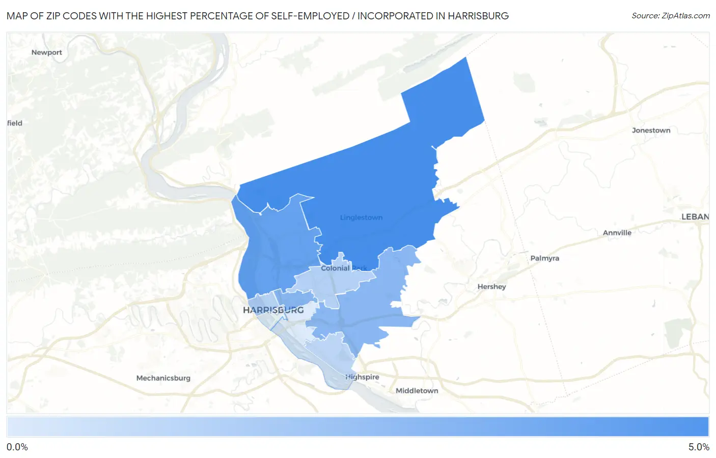 Zip Codes with the Highest Percentage of Self-Employed / Incorporated in Harrisburg Map