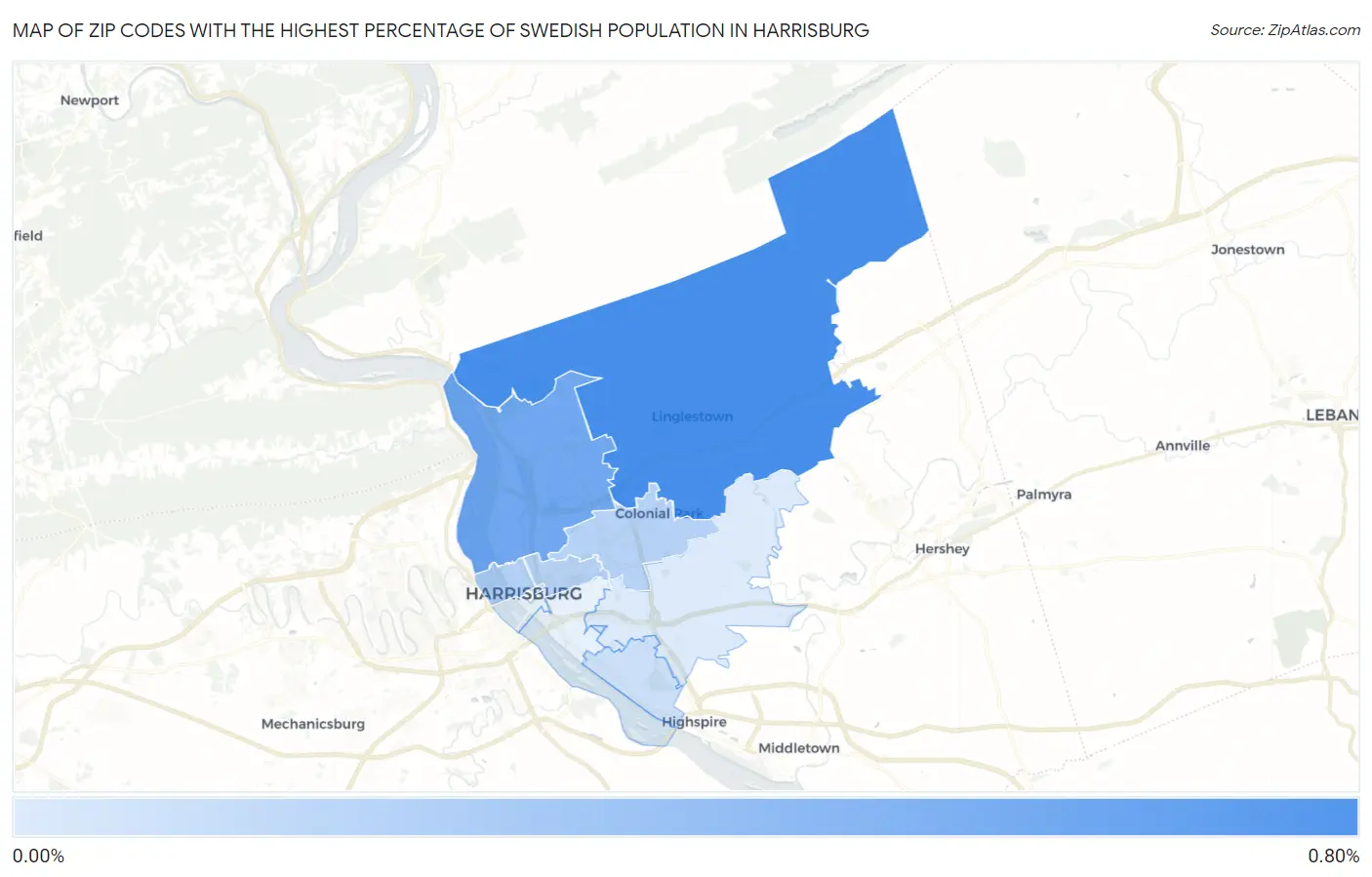 Zip Codes with the Highest Percentage of Swedish Population in Harrisburg Map
