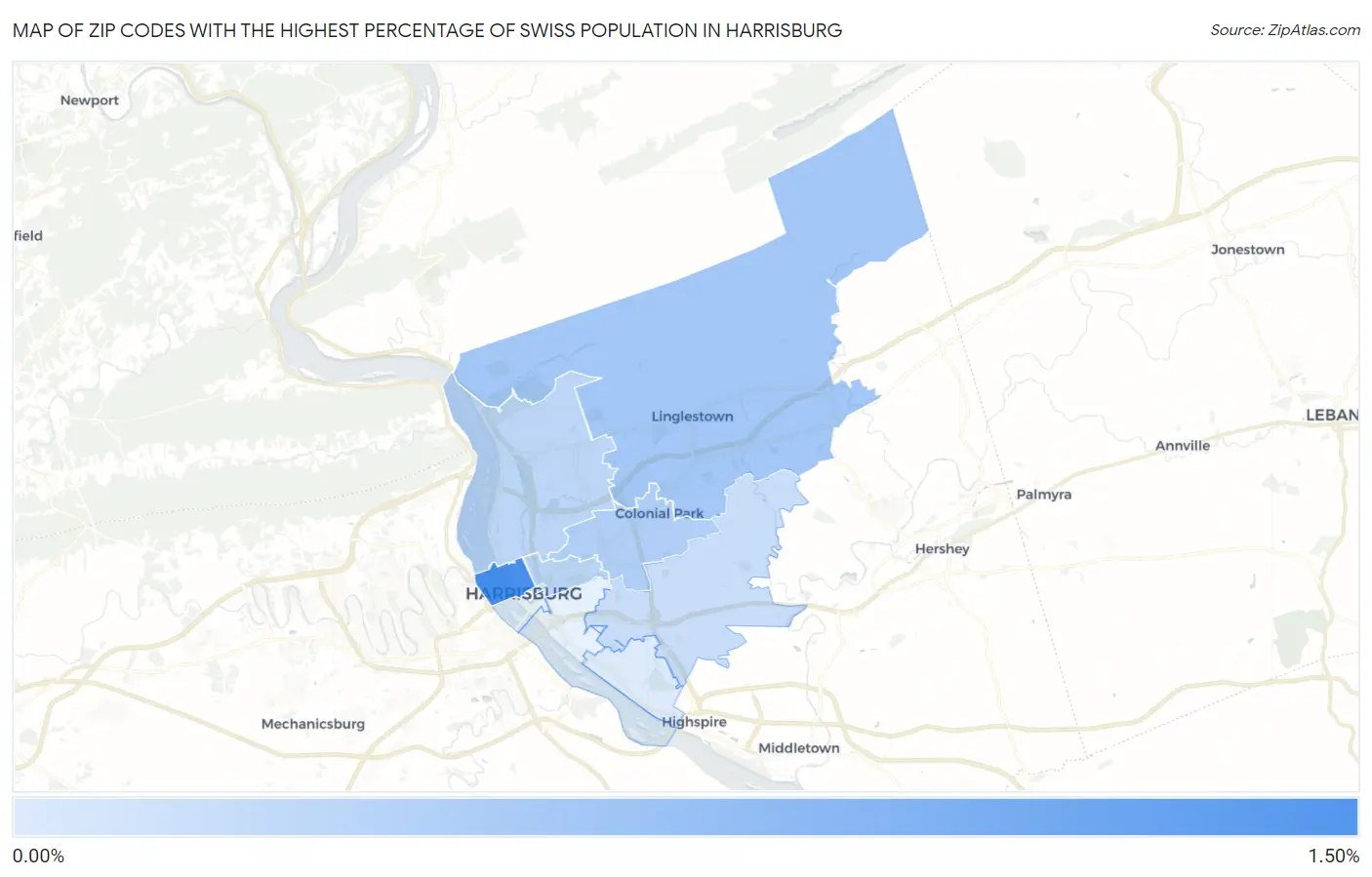 Zip Codes with the Highest Percentage of Swiss Population in Harrisburg Map