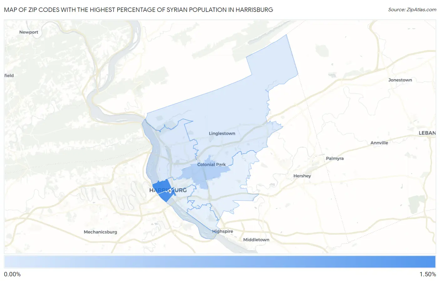 Zip Codes with the Highest Percentage of Syrian Population in Harrisburg Map