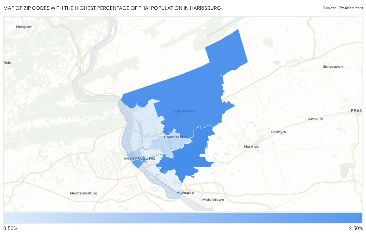 Zip Codes with the Highest Percentage of Thai Population in Harrisburg Map