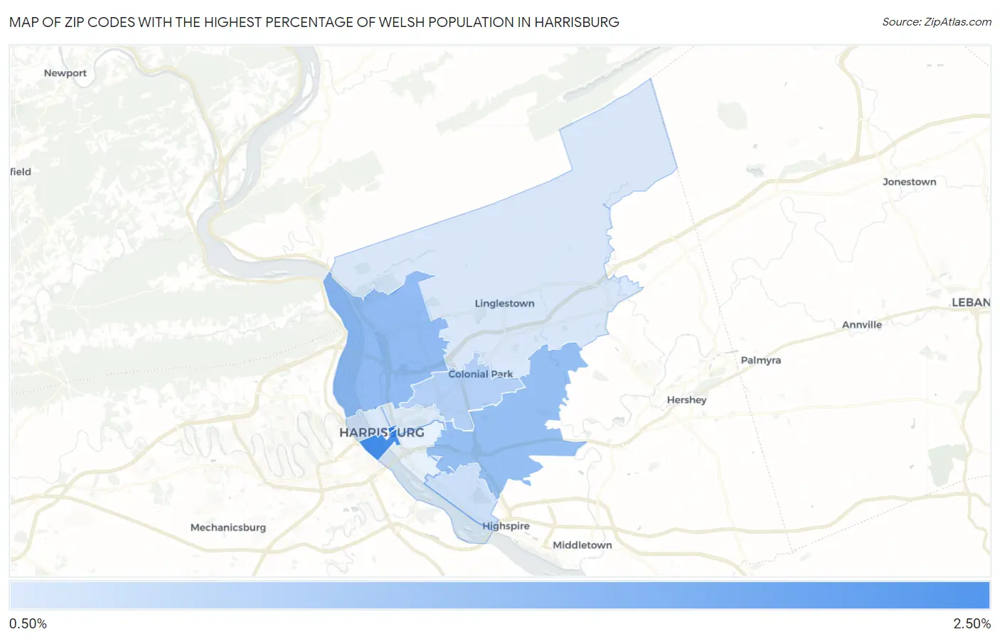 Zip Codes with the Highest Percentage of Welsh Population in Harrisburg Map
