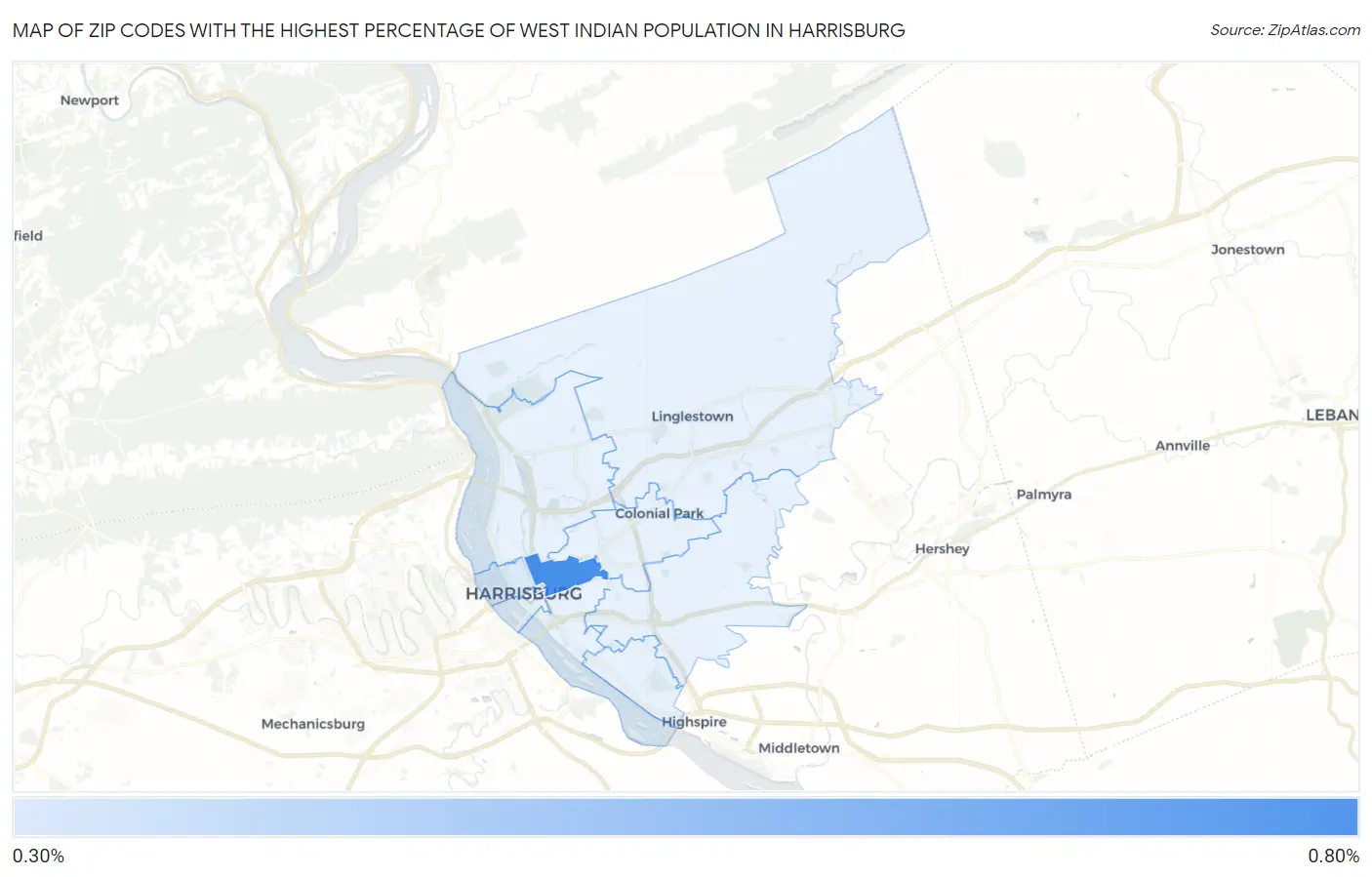 Zip Codes with the Highest Percentage of West Indian Population in Harrisburg Map