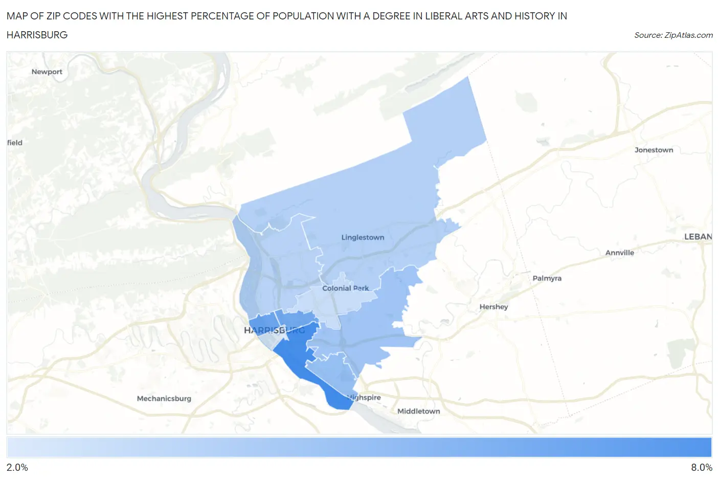 Zip Codes with the Highest Percentage of Population with a Degree in Liberal Arts and History in Harrisburg Map