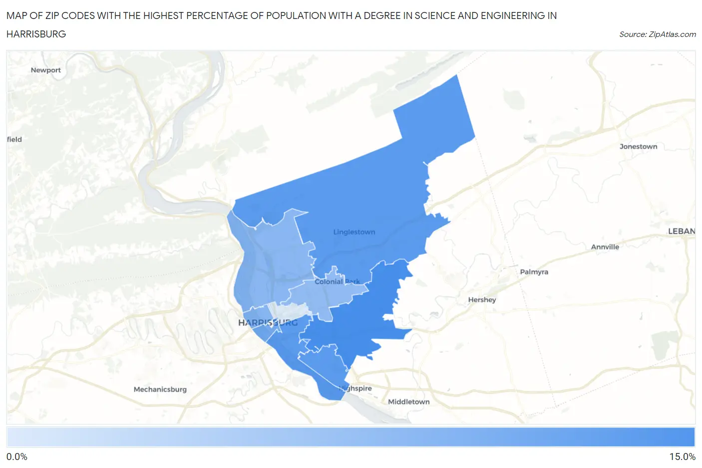 Zip Codes with the Highest Percentage of Population with a Degree in Science and Engineering in Harrisburg Map