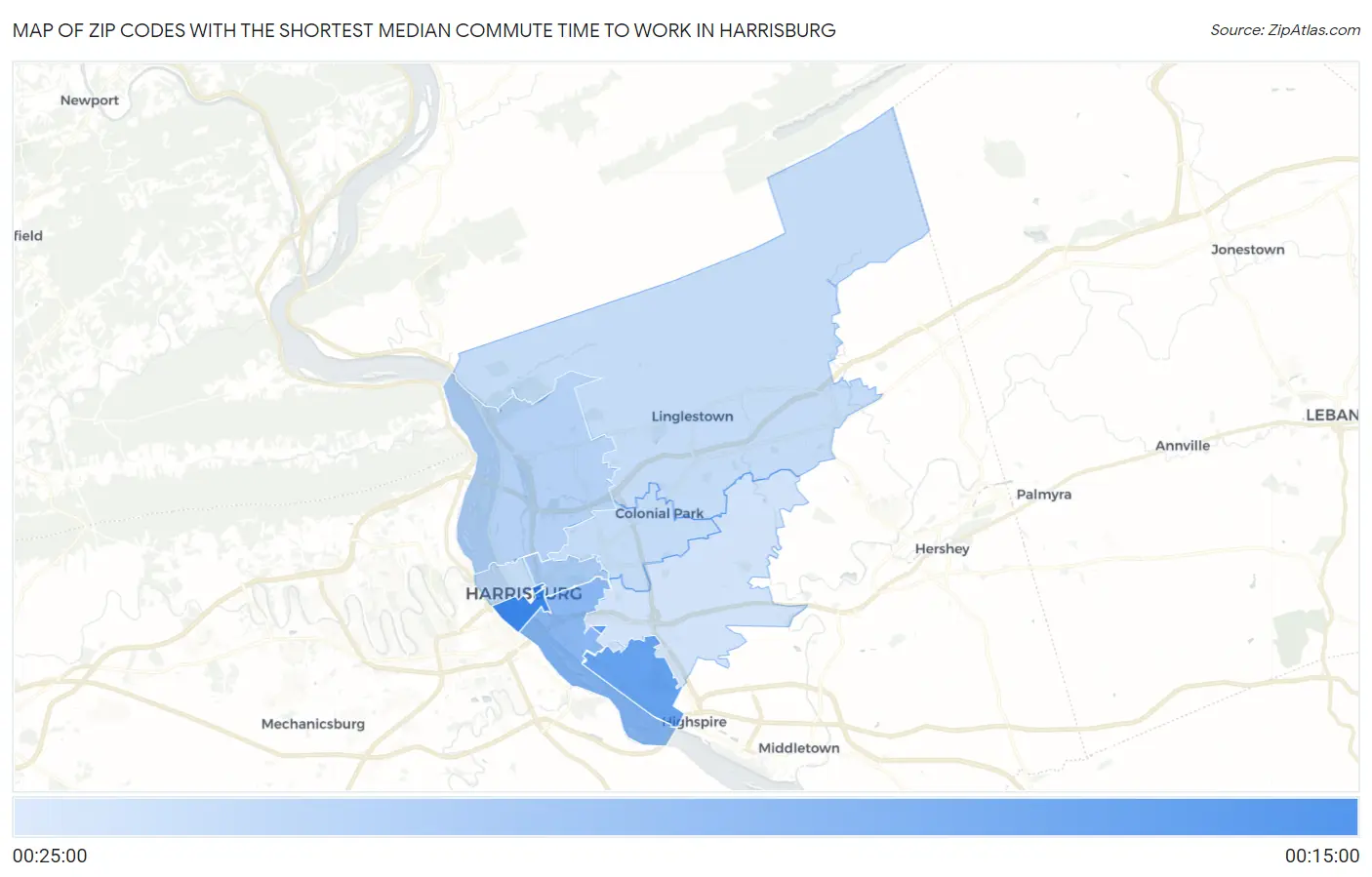 Zip Codes with the Shortest Median Commute Time to Work in Harrisburg Map
