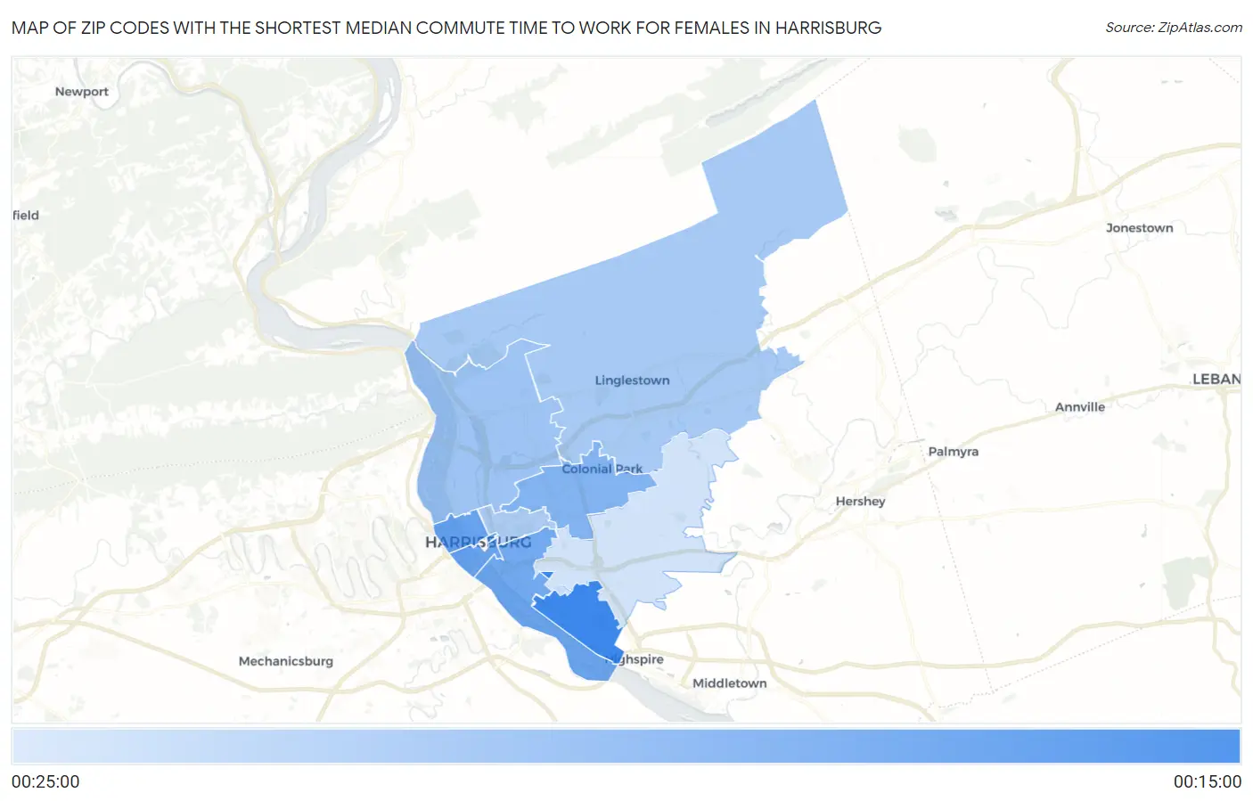 Zip Codes with the Shortest Median Commute Time to Work for Females in Harrisburg Map