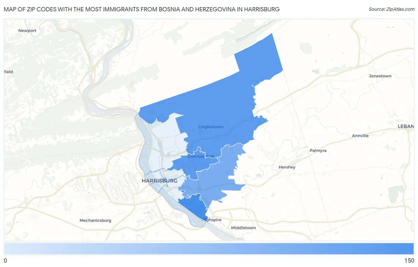 Zip Codes with the Most Immigrants from Bosnia and Herzegovina in Harrisburg Map