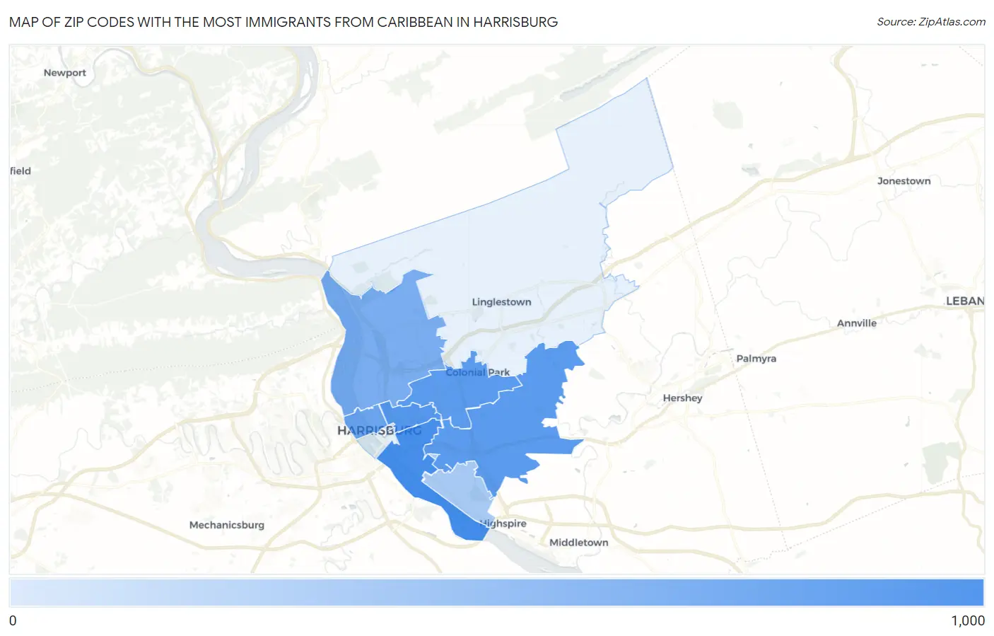 Zip Codes with the Most Immigrants from Caribbean in Harrisburg Map