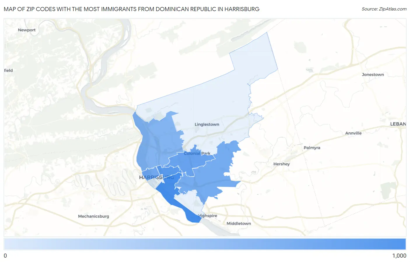Zip Codes with the Most Immigrants from Dominican Republic in Harrisburg Map