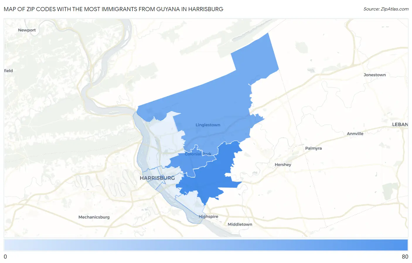 Zip Codes with the Most Immigrants from Guyana in Harrisburg Map