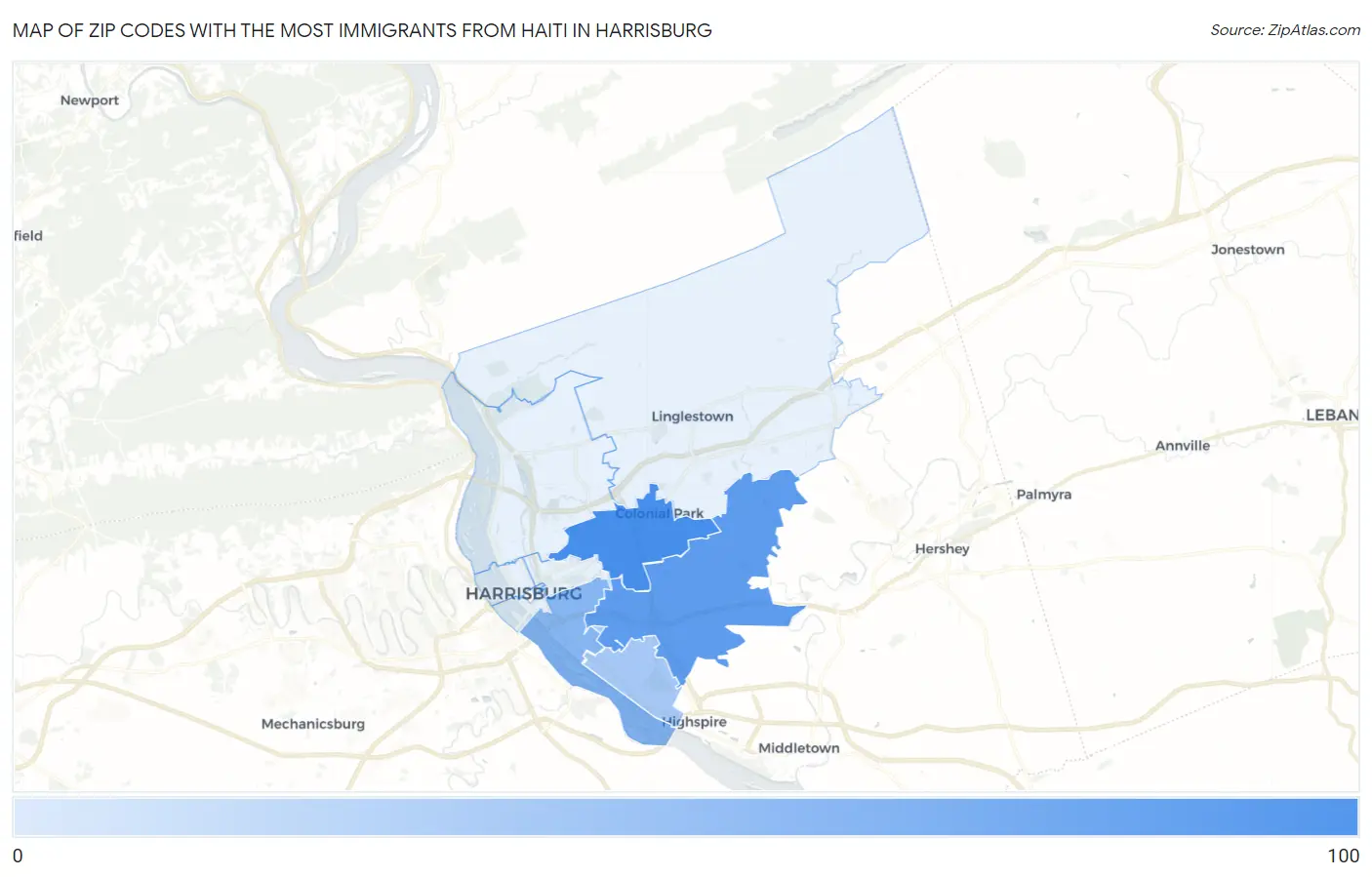 Zip Codes with the Most Immigrants from Haiti in Harrisburg Map