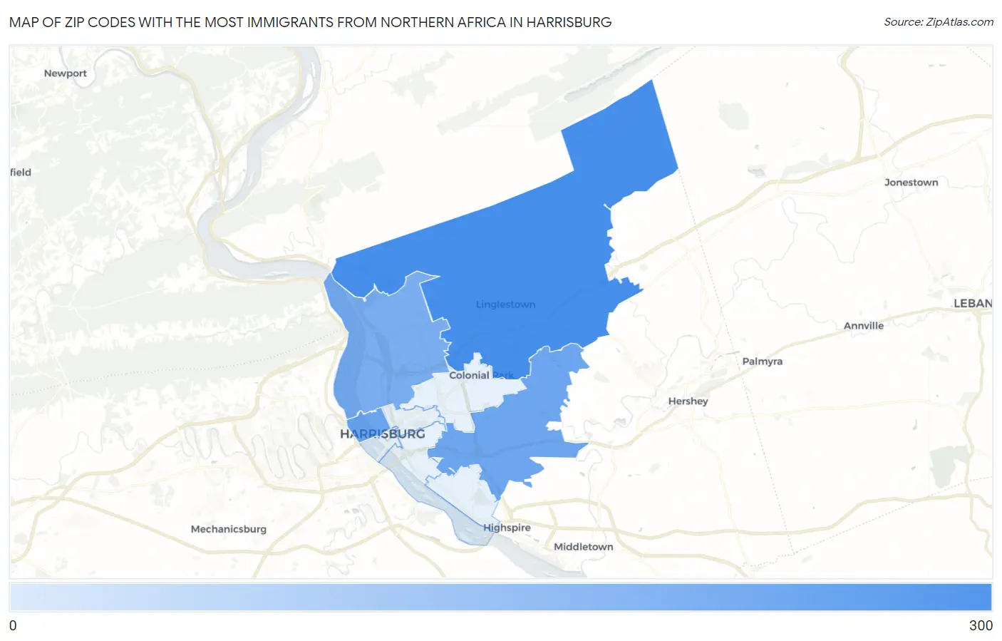 Zip Codes with the Most Immigrants from Northern Africa in Harrisburg Map