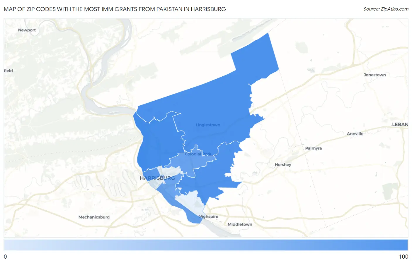 Zip Codes with the Most Immigrants from Pakistan in Harrisburg Map