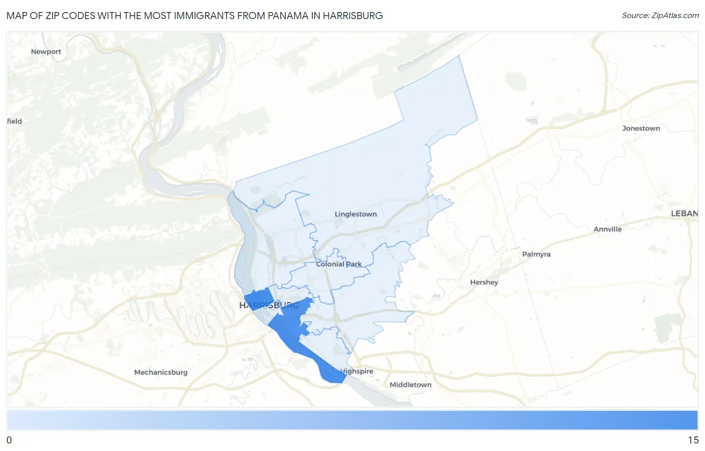 Zip Codes with the Most Immigrants from Panama in Harrisburg Map
