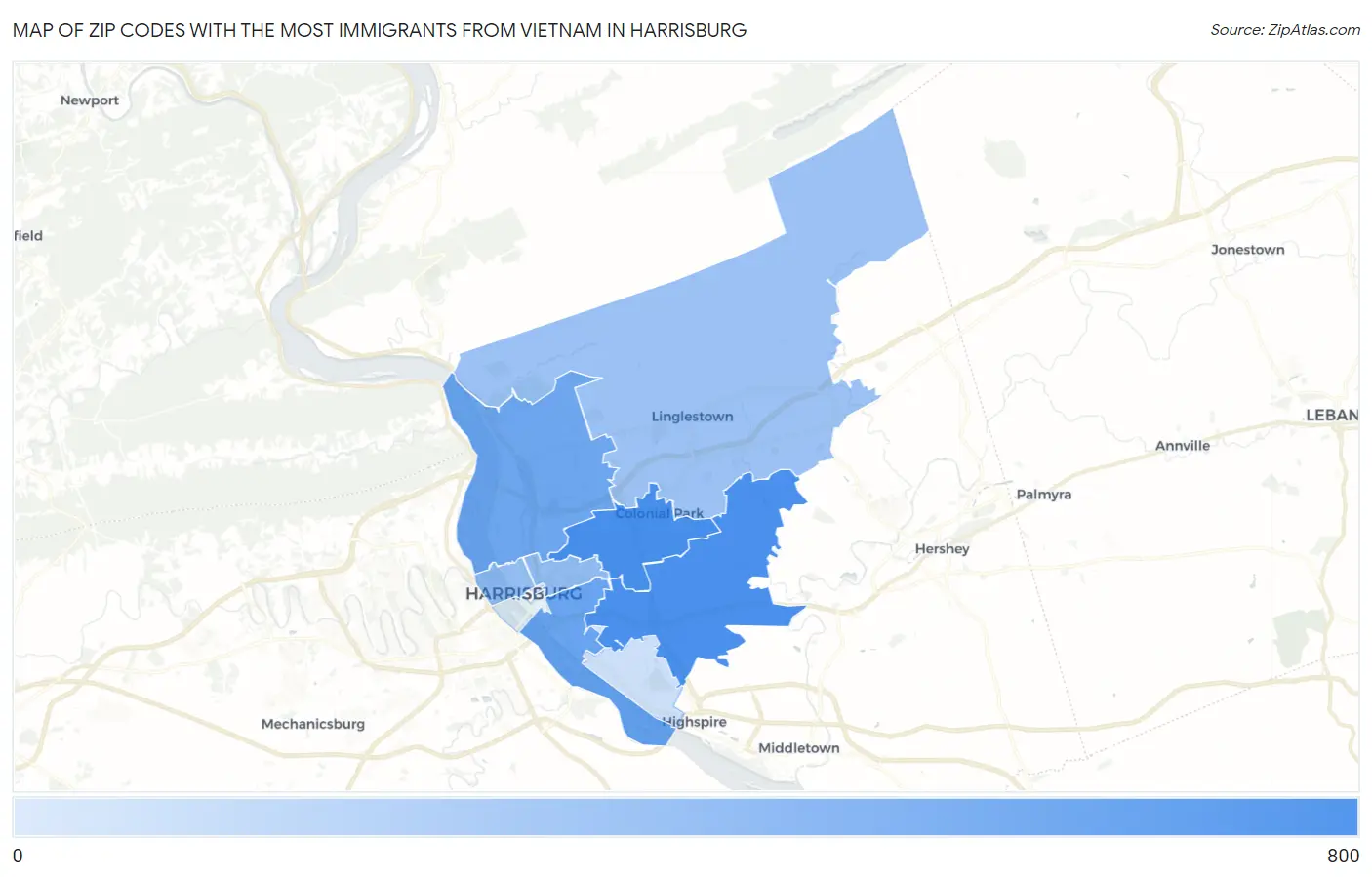 Zip Codes with the Most Immigrants from Vietnam in Harrisburg Map