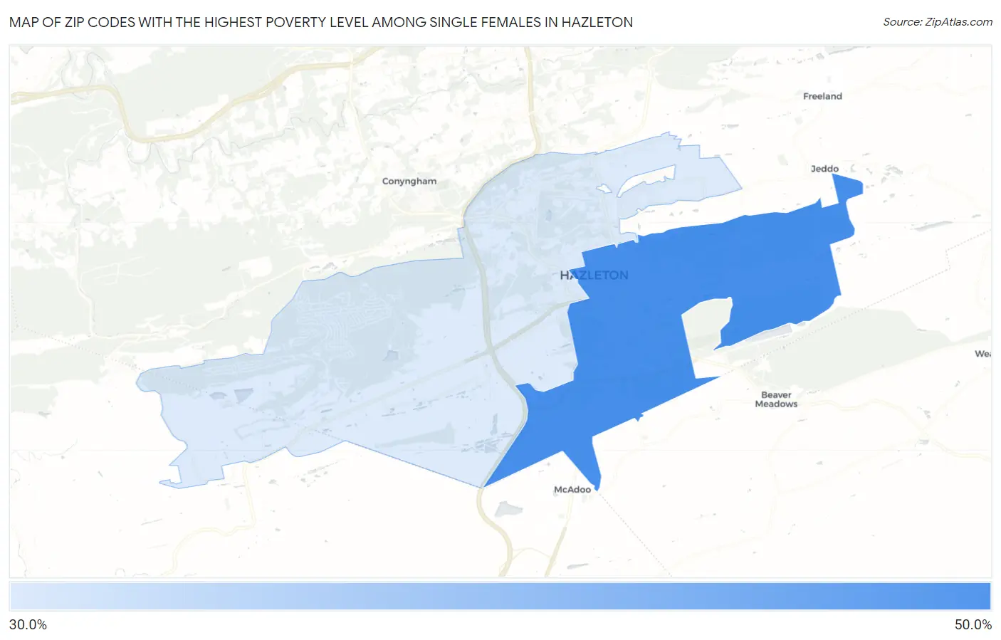 Zip Codes with the Highest Poverty Level Among Single Females in Hazleton Map