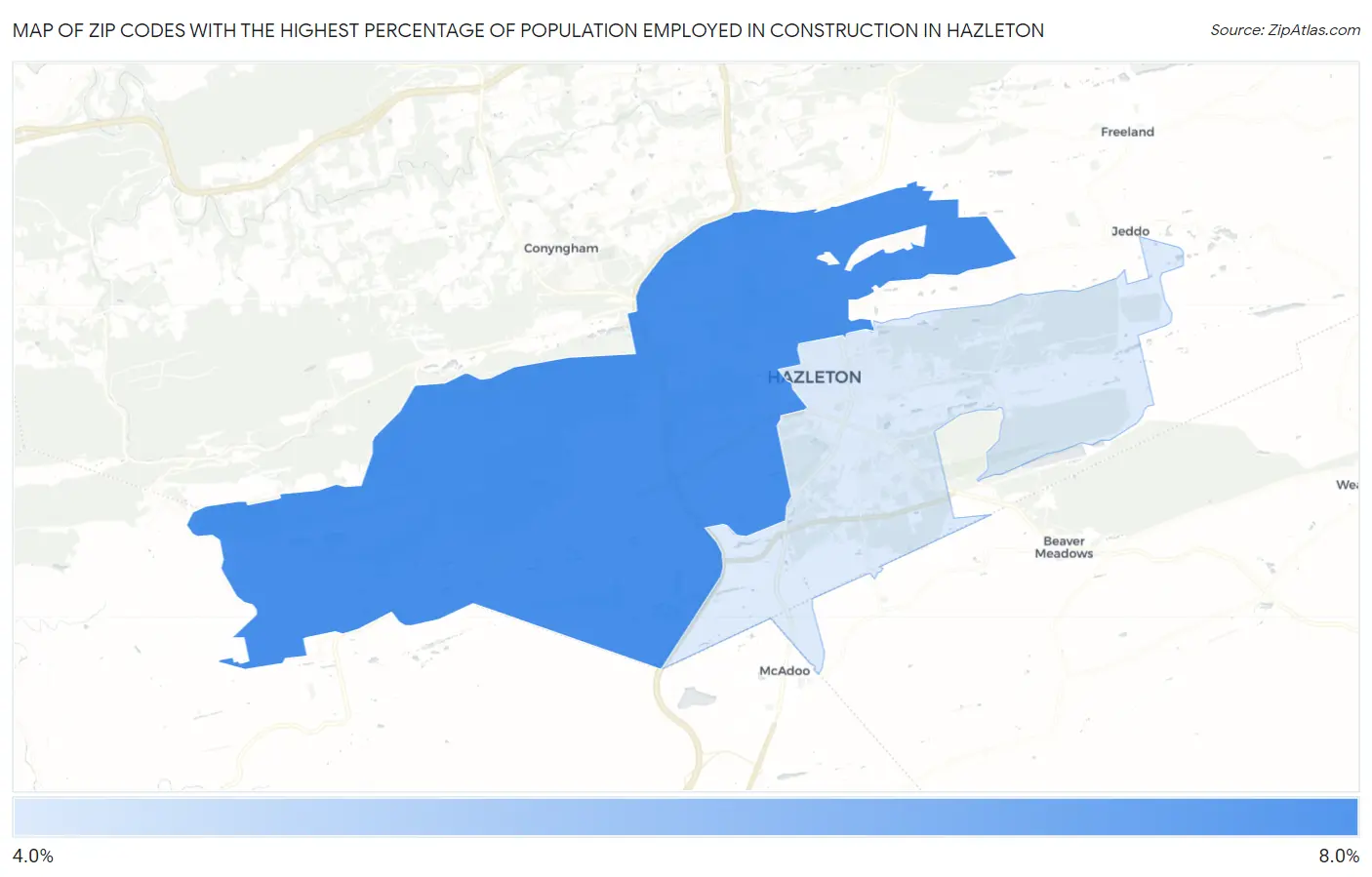 Zip Codes with the Highest Percentage of Population Employed in Construction in Hazleton Map