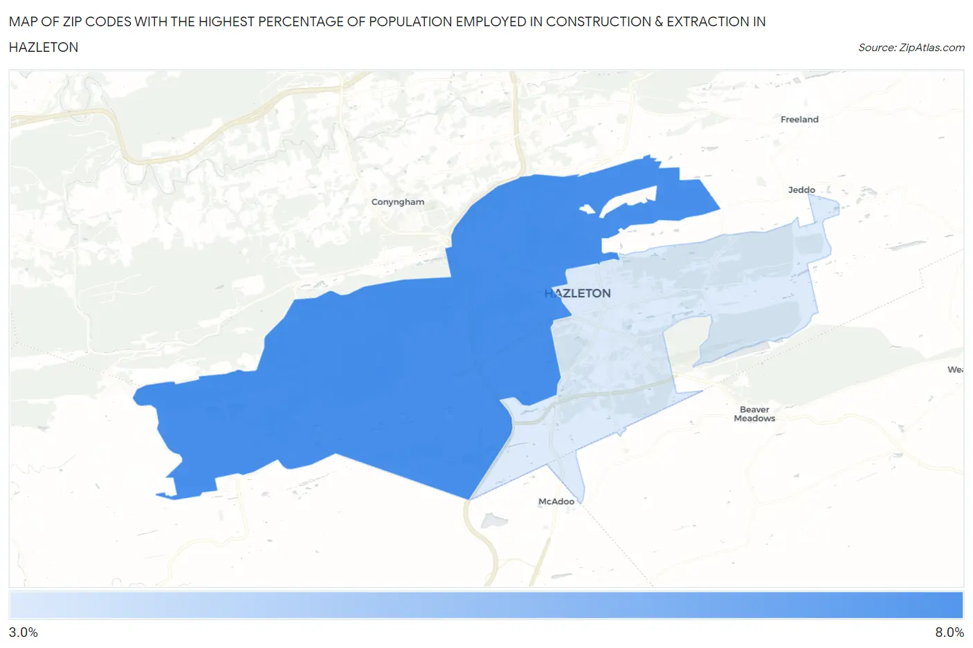 Zip Codes with the Highest Percentage of Population Employed in Construction & Extraction in Hazleton Map