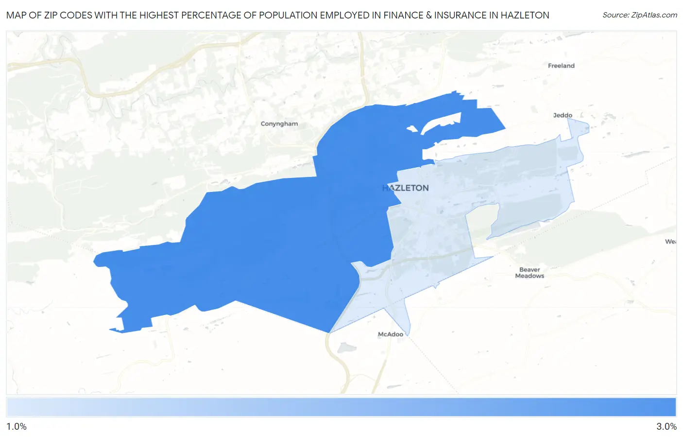 Zip Codes with the Highest Percentage of Population Employed in Finance & Insurance in Hazleton Map