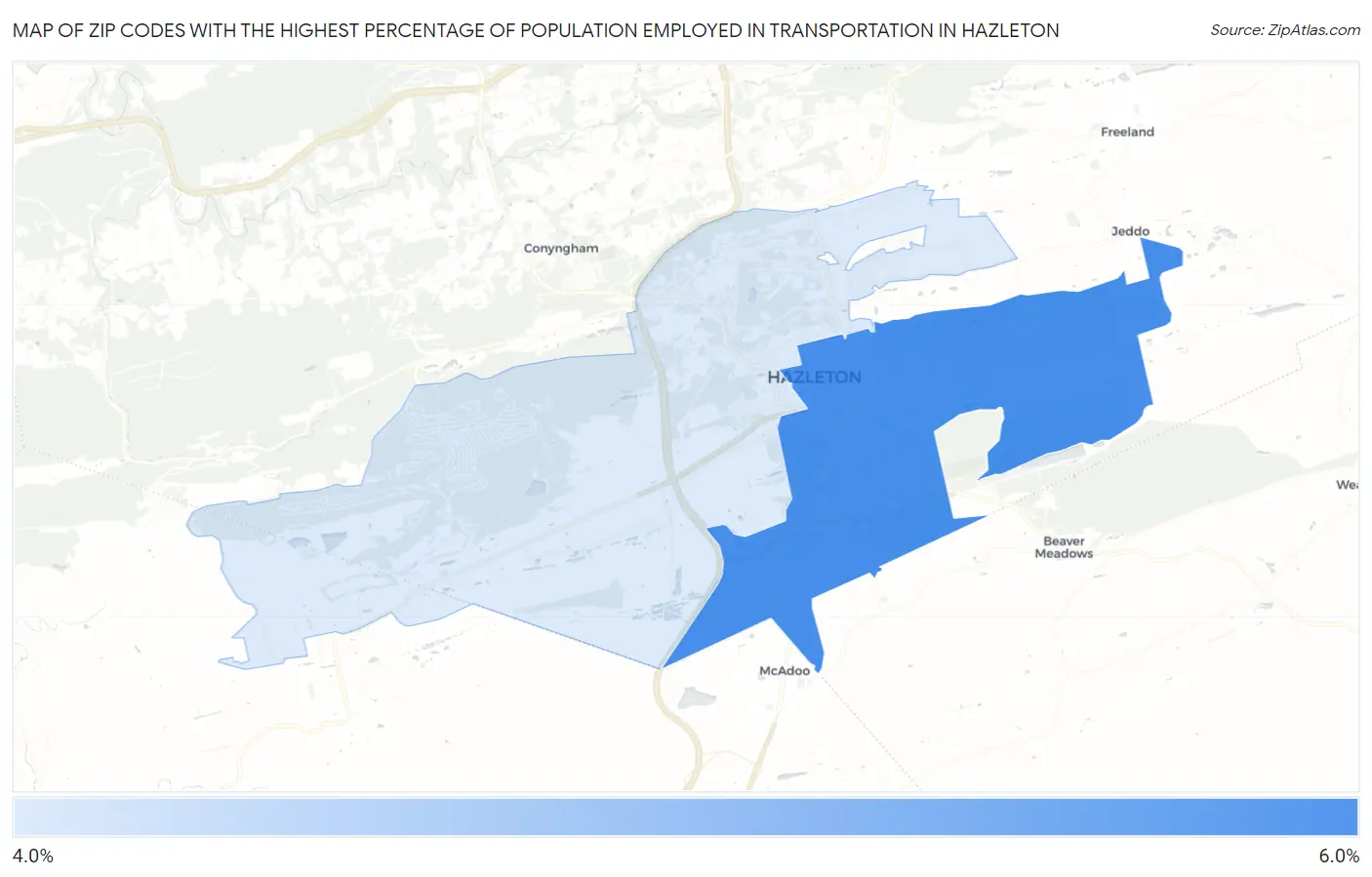 Zip Codes with the Highest Percentage of Population Employed in Transportation in Hazleton Map
