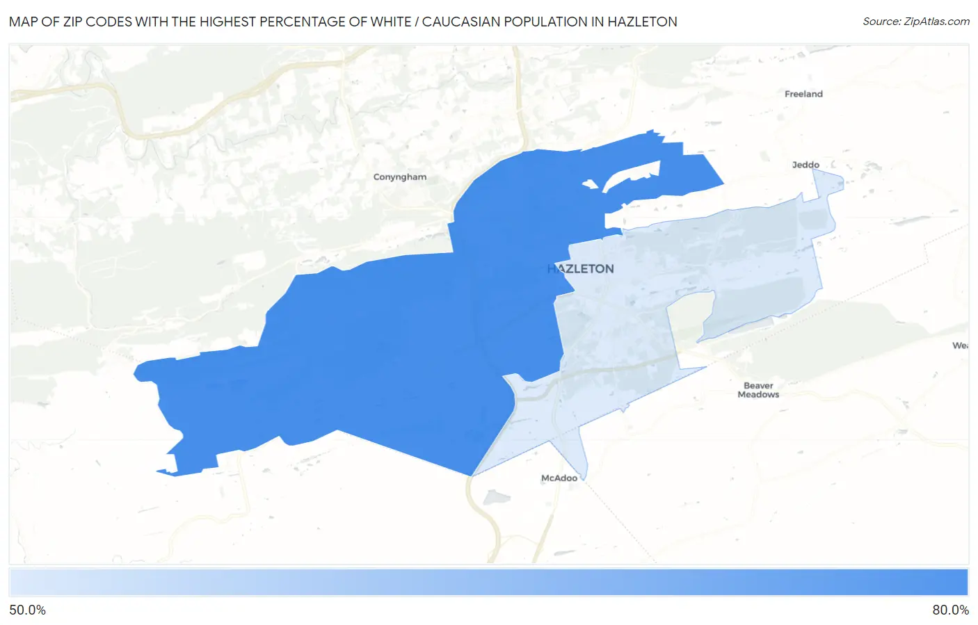 Zip Codes with the Highest Percentage of White / Caucasian Population in Hazleton Map