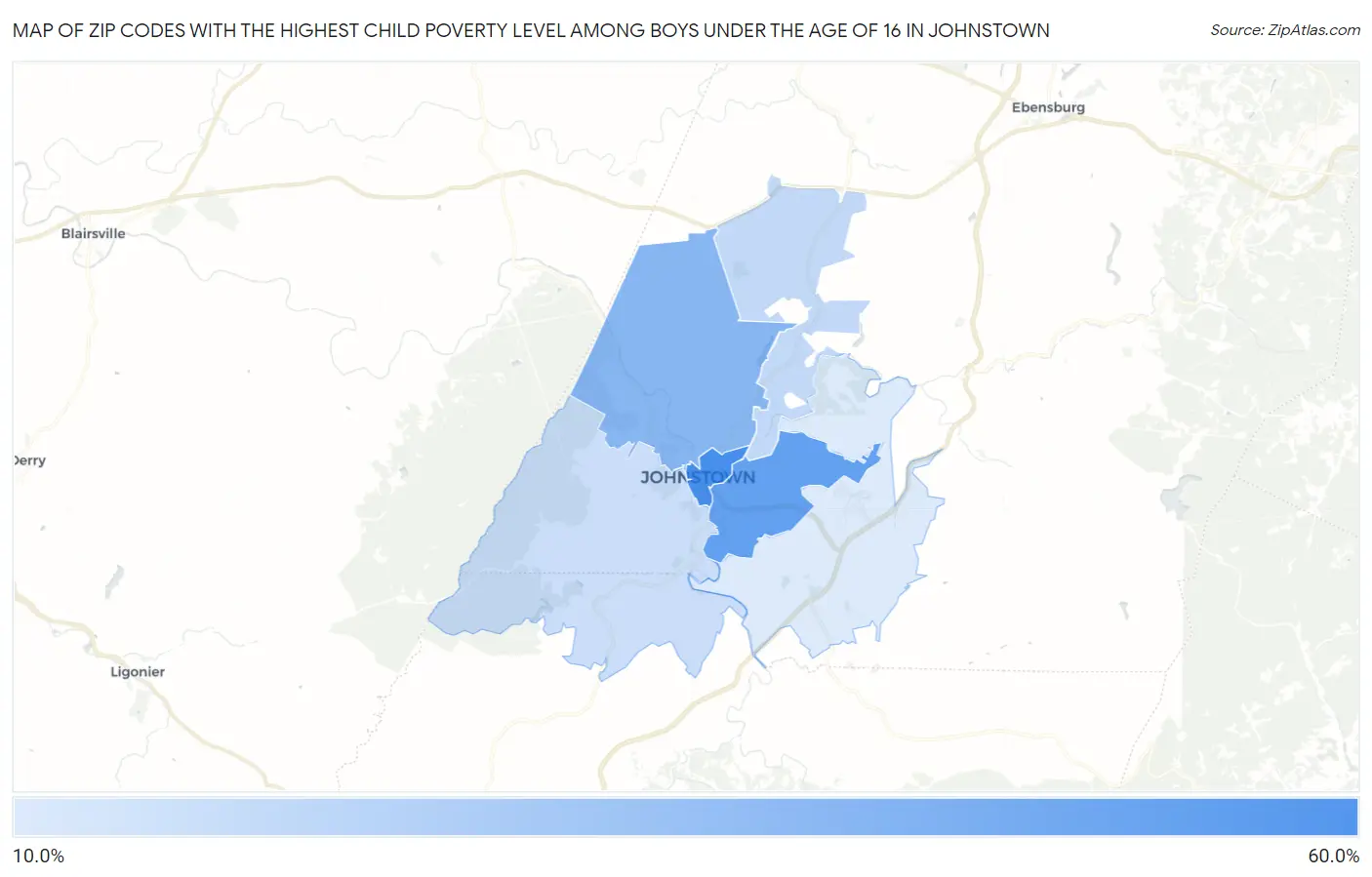 Zip Codes with the Highest Child Poverty Level Among Boys Under the Age of 16 in Johnstown Map