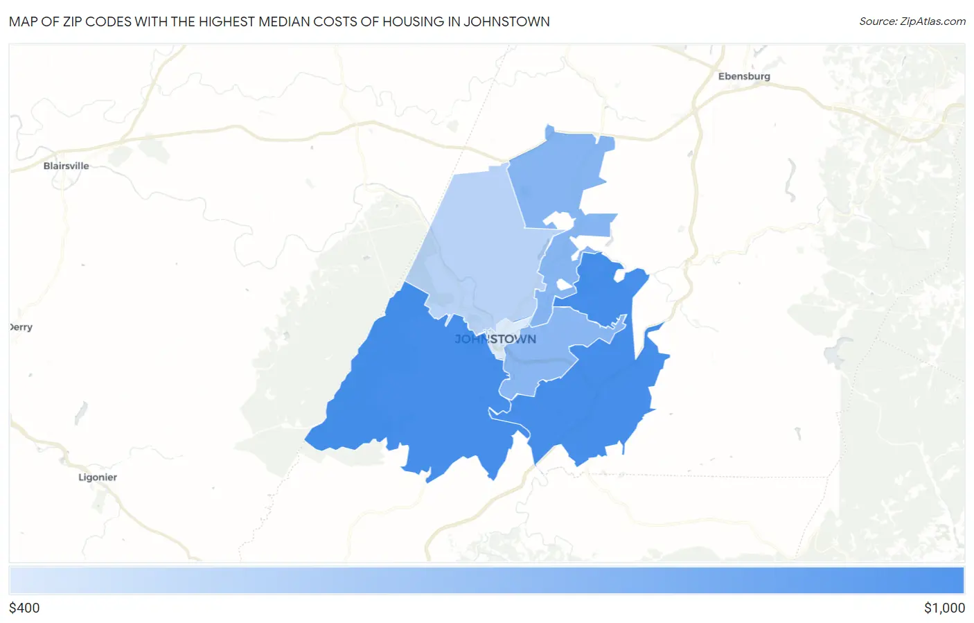 Zip Codes with the Highest Median Costs of Housing in Johnstown Map