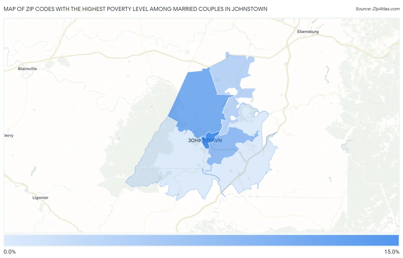 Zip Codes with the Highest Poverty Level Among Married Couples in Johnstown Map