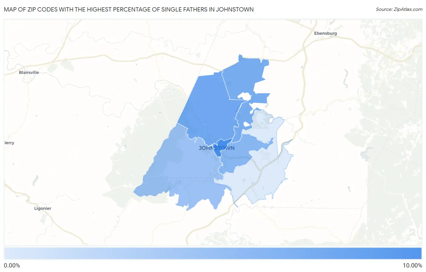Zip Codes with the Highest Percentage of Single Fathers in Johnstown Map
