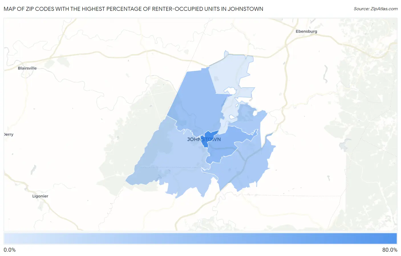 Zip Codes with the Highest Percentage of Renter-Occupied Units in Johnstown Map