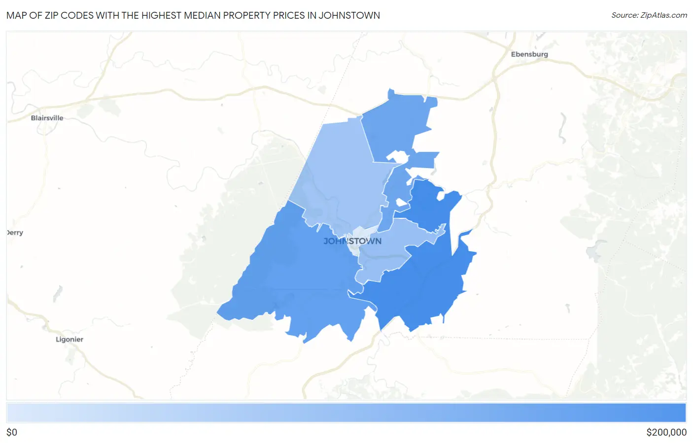 Zip Codes with the Highest Median Property Prices in Johnstown Map