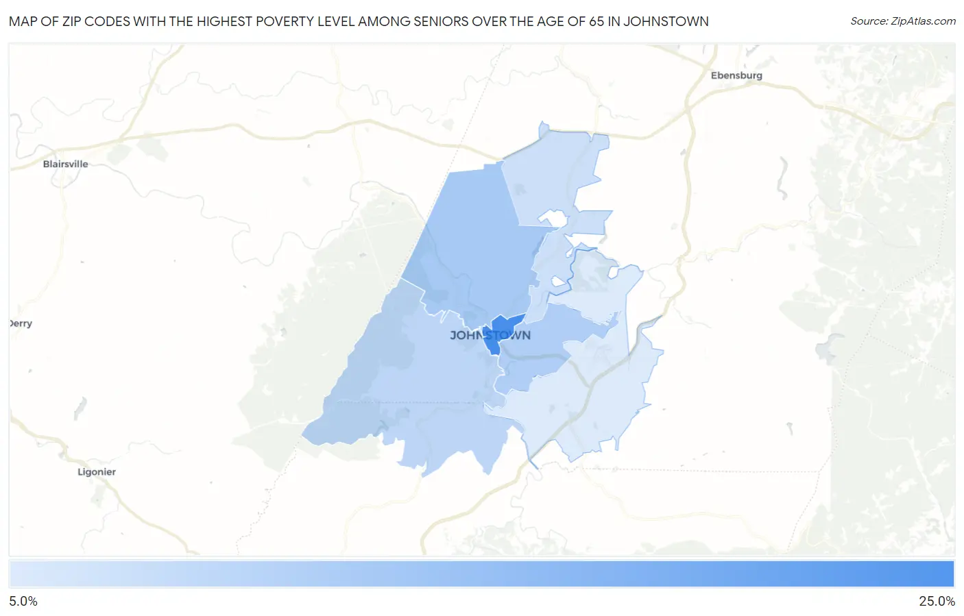 Zip Codes with the Highest Poverty Level Among Seniors Over the Age of 65 in Johnstown Map