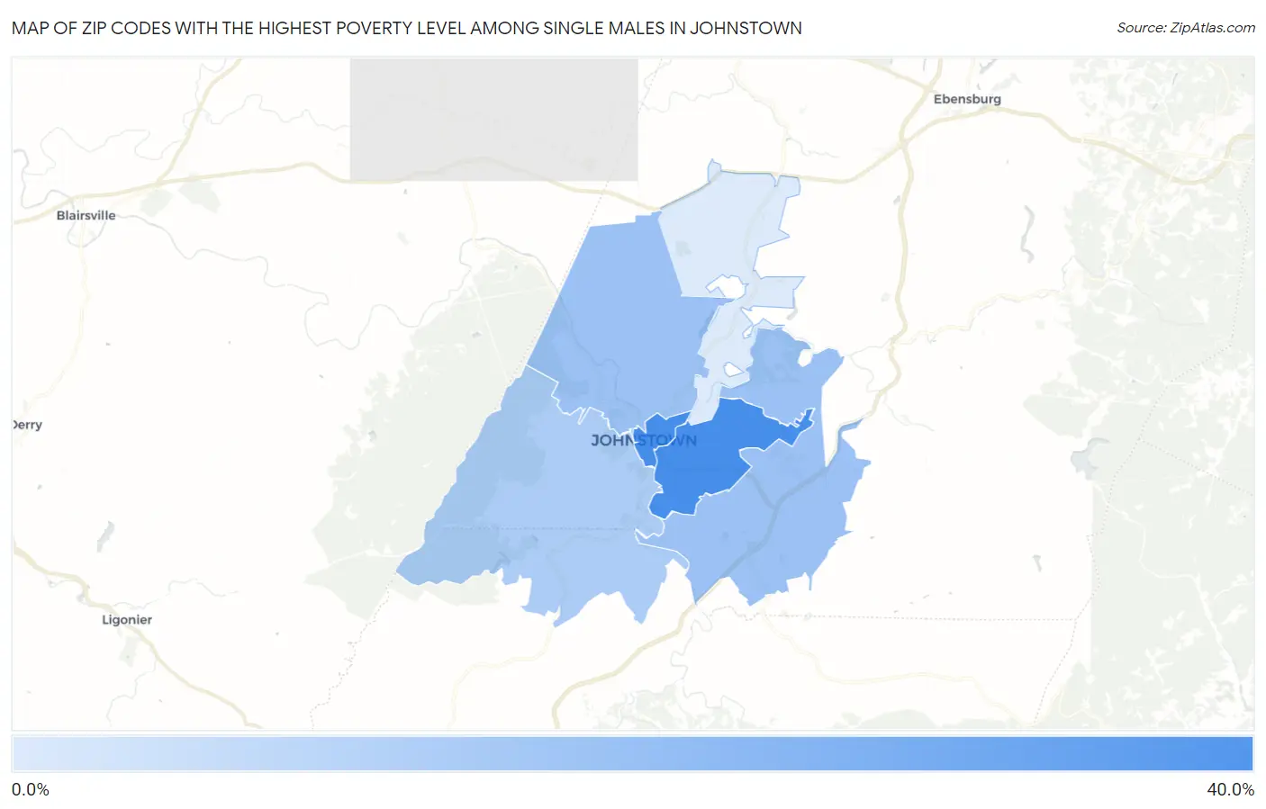 Zip Codes with the Highest Poverty Level Among Single Males in Johnstown Map