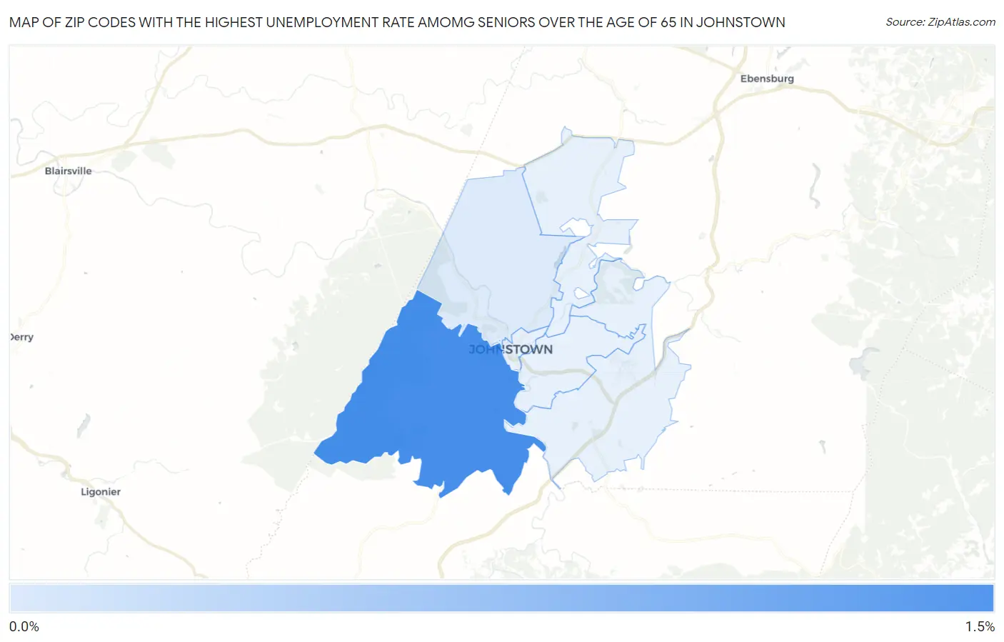 Zip Codes with the Highest Unemployment Rate Amomg Seniors Over the Age of 65 in Johnstown Map