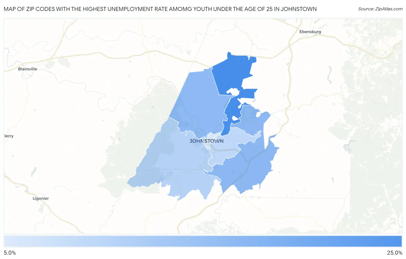 Zip Codes with the Highest Unemployment Rate Amomg Youth Under the Age of 25 in Johnstown Map
