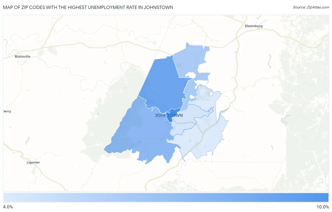Zip Codes with the Highest Unemployment Rate in Johnstown Map