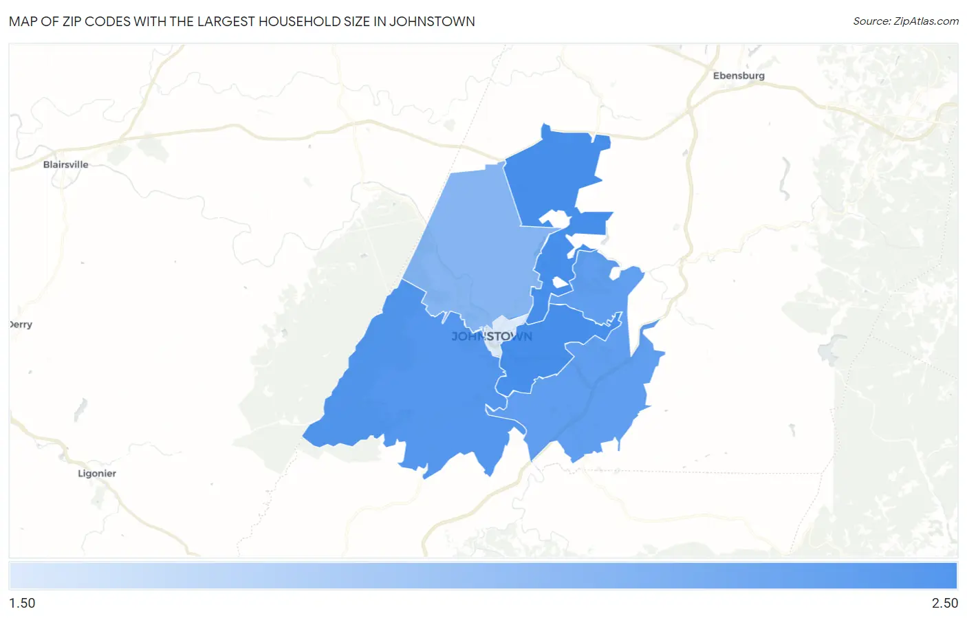 Zip Codes with the Largest Household Size in Johnstown Map